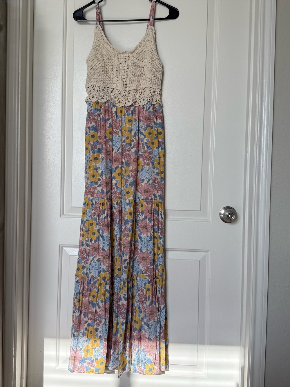 Cato Cream Crochet-Top Floral Maxi Dress with pockets in Pink, Yellow & Blue